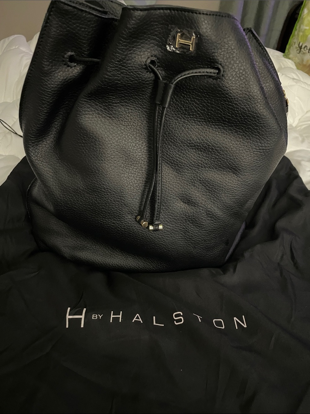 H by Halston super soft Black pebble Leather Drawstring Backpack. New.